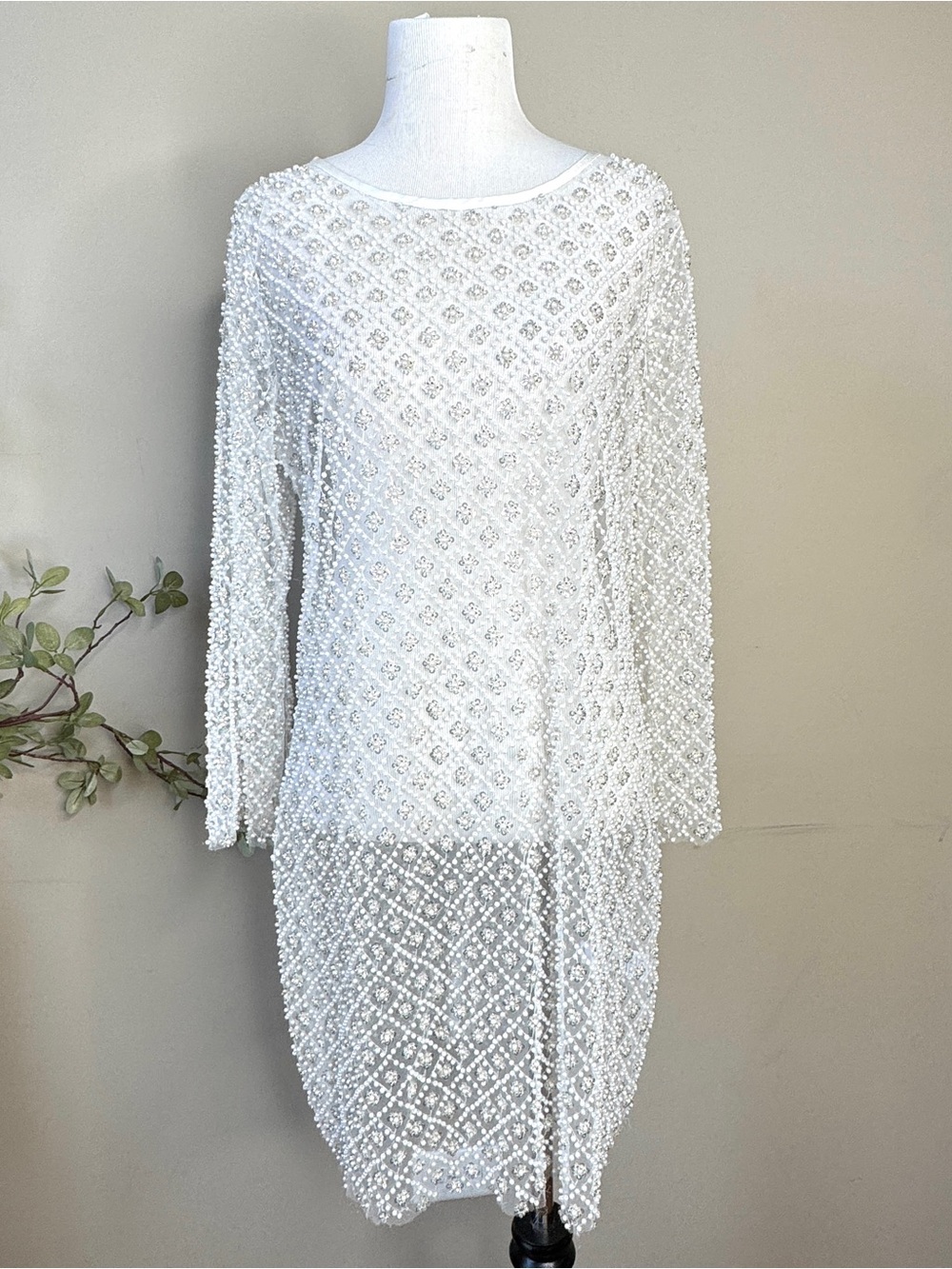 Lulus sz Medium Charisma Mini Dress White Sheer Sequin Pearl Mesh Long Sleeve